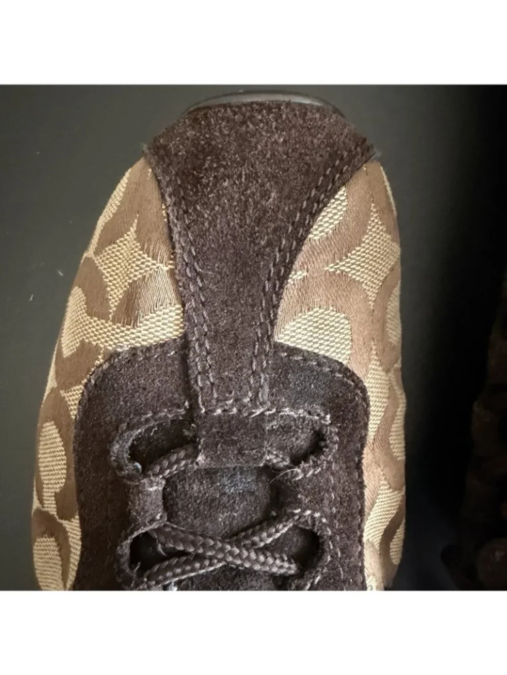 Coach Kathleen Q511 W 9.5M Signature Brown Khaki Jacquard Suede Sneakers Y2K